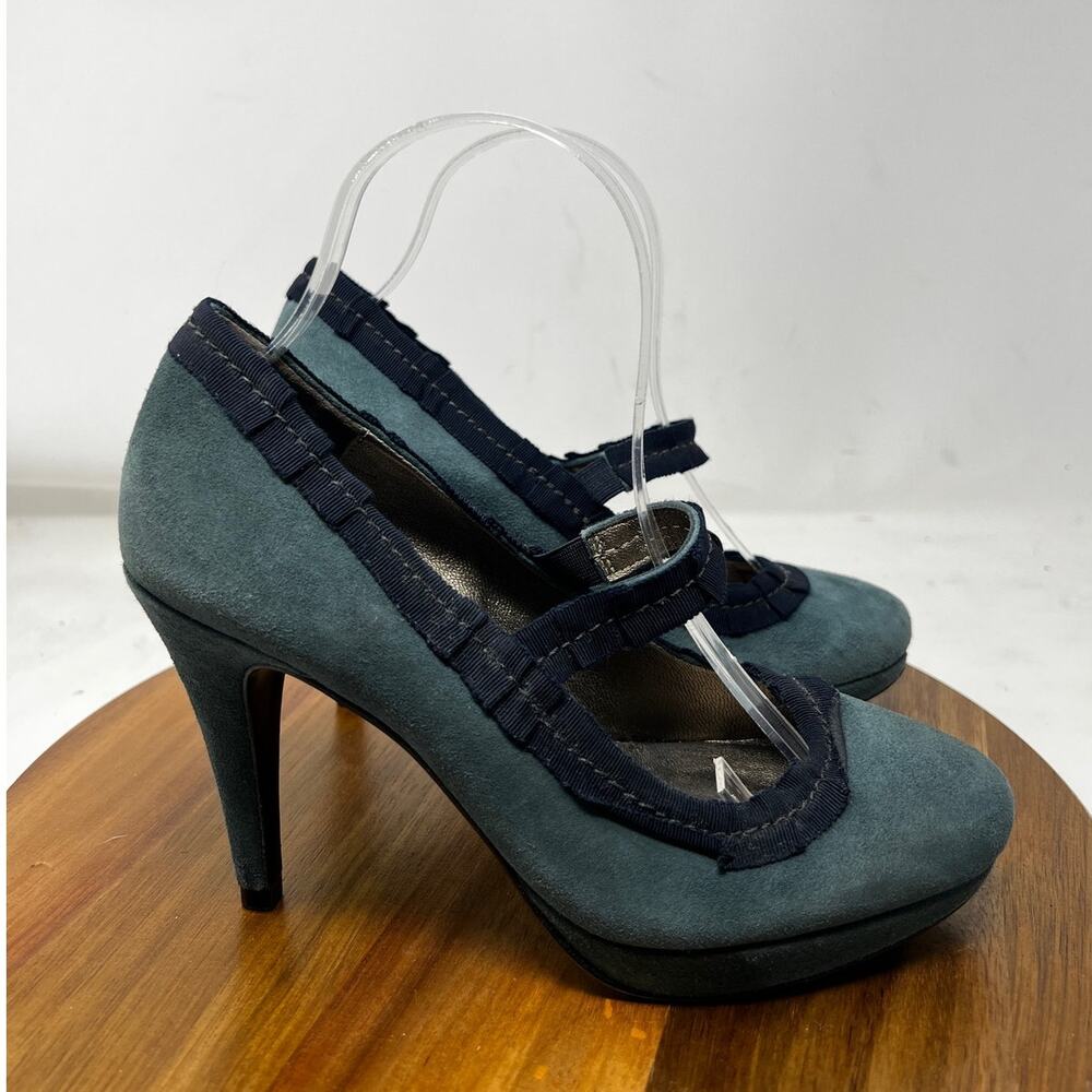 Boden Blue Suede Leather Ribbon Trim Mary Jane‎ Court Heeled Pumps Size 38 US 7